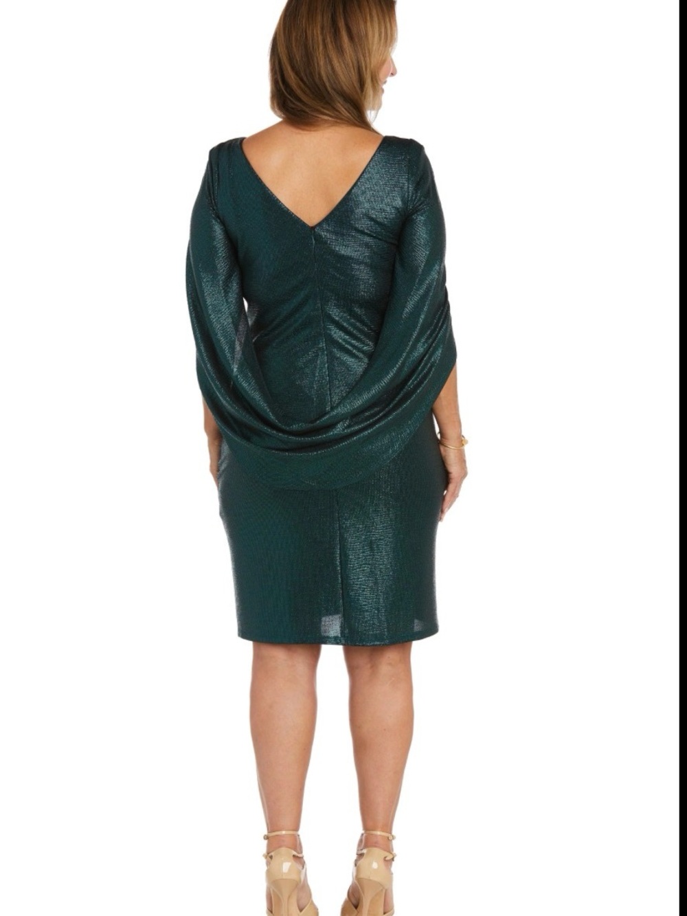 R&M Richards Shimmery Teal-Green Draped Sleeve Midi Dress